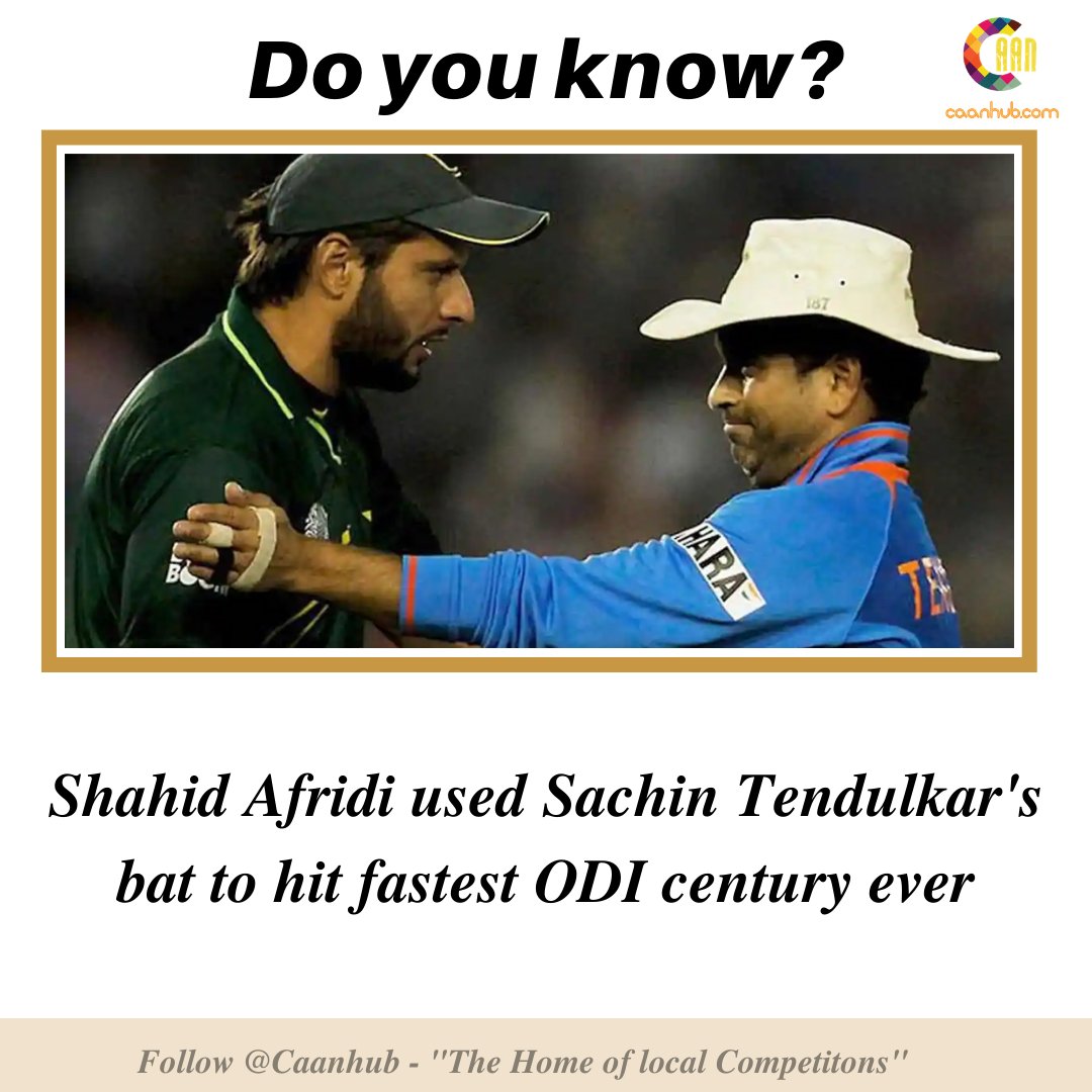 caanhub's tweet photo. Afridi had hit a 37-ball century against Sri-Lanka in his debut series for Pakistan in 1996.

@sachin_rt @SAfridiOfficial 
#Cricket #sport #caanhub https://t.co/jhVvjreVw6