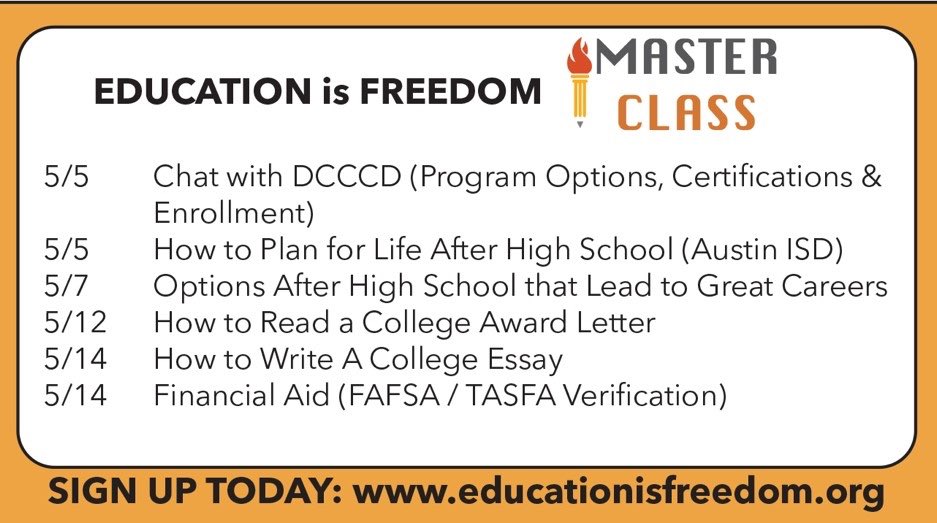 EIFdotorg's tweet photo. Make sure to sign up for all of our @EIFdotorg EIF Master Classes this month!
Register Now for the "Options After High School that Lead to Great Careers” Master class that starts TOMORROW at 1pm:
https://t.co/3bu8RChewp
#EIFIsHere #EIFEstaAqui #EIFMasterClass #EIF #Education https://t.co/iAP1INF2HT