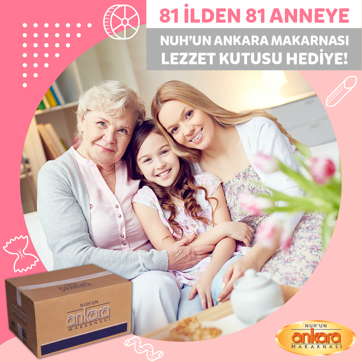 Göremediğiniz, sarılıp öpemediğiniz ve özlediğiniz annenize Anneler Günü’nde söylemek istediklerinizi yaşadığınız şehri de belirterek yorum olarak yazın, Anneler Günü’ne özel 81 ilden 81 anneye hediye edeceğimiz Nuh’un Ankara Makarnası lezzet kutularından biri sizin olsun.