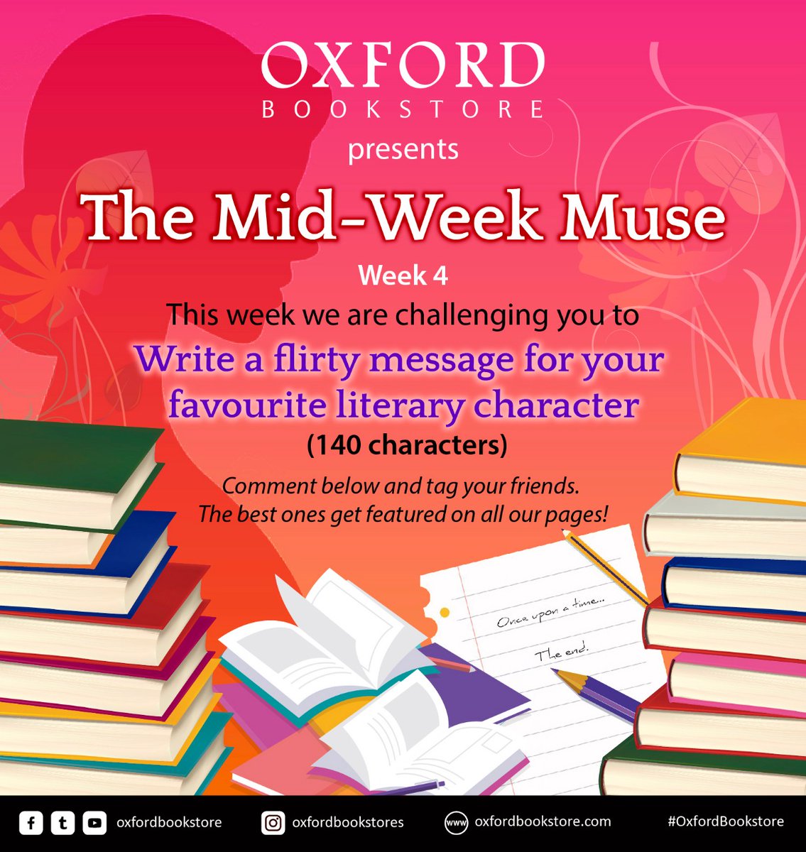 oxfordbookstore's tweet photo. Oxford Bookstore presents The Mid-Week Muse (Week 4).
Let’s have some creative fun together!
#OxfordBookstore #Contest #MidWeekMuse #ContestAlert https://t.co/PVhuMwGjzC