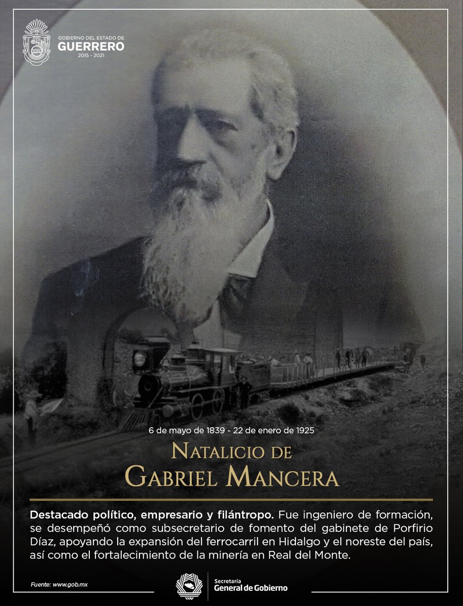 #UnDíaComoHoy pero de 1839, nace #GabrielMancera.

Destacado político, empresario y filántropo. 

🚂Realizó diversas obras de beneficencia por México, además de promover e invertir en el Ferrocarril de Hidalgo y el noreste del país.

#Efemérides #HistoriaDeMéxico #DatoCultural