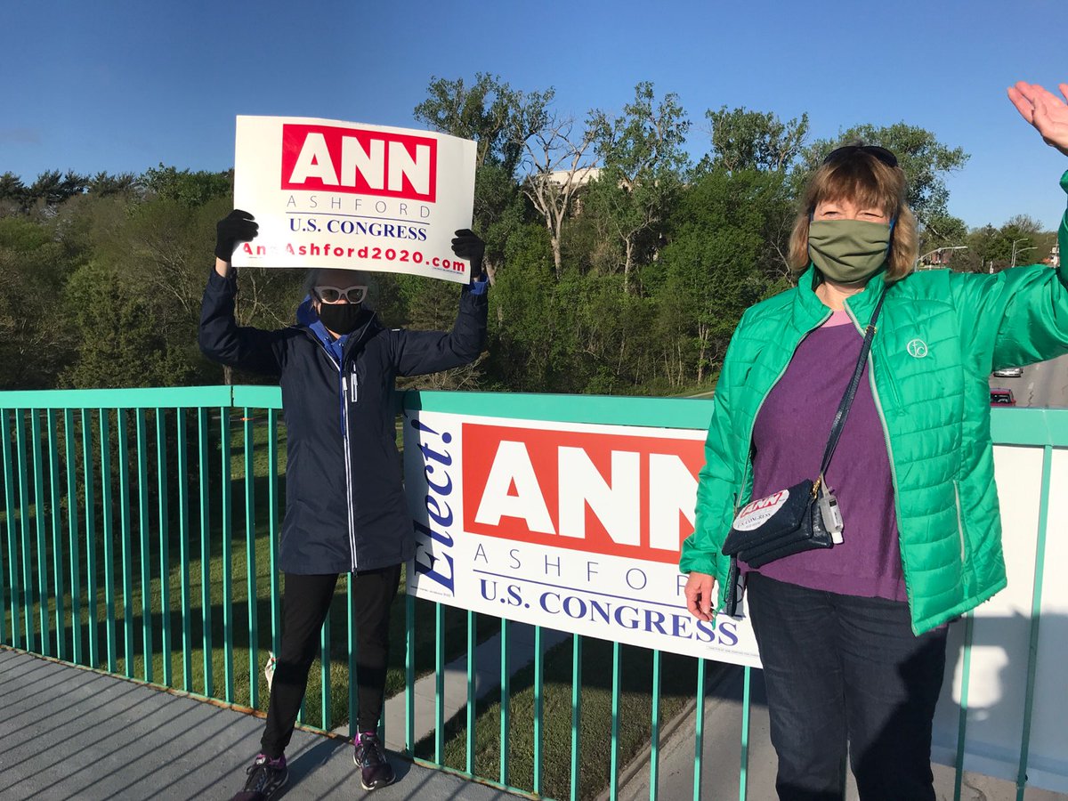 Ann_Ashford's tweet photo. My daughter Ellie and I (staying in the same household) greeted voters today from the Memorial Park bridge at a socially distanced height. Six days to go; we appreciate all the support we've received! #VoteAnn #NE02 https://t.co/M0a0nTrKTq