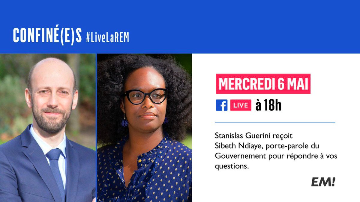 StanGuerini's tweet photo. 🔴Rendez-vous en direct à 18h avec @SibethNdiaye.

Nous répondrons à vos questions sur le dispositif de #déconfinement.

➡️https://t.co/4OE5yzagFn
#LiveLaREM https://t.co/ctTNOW4fRI