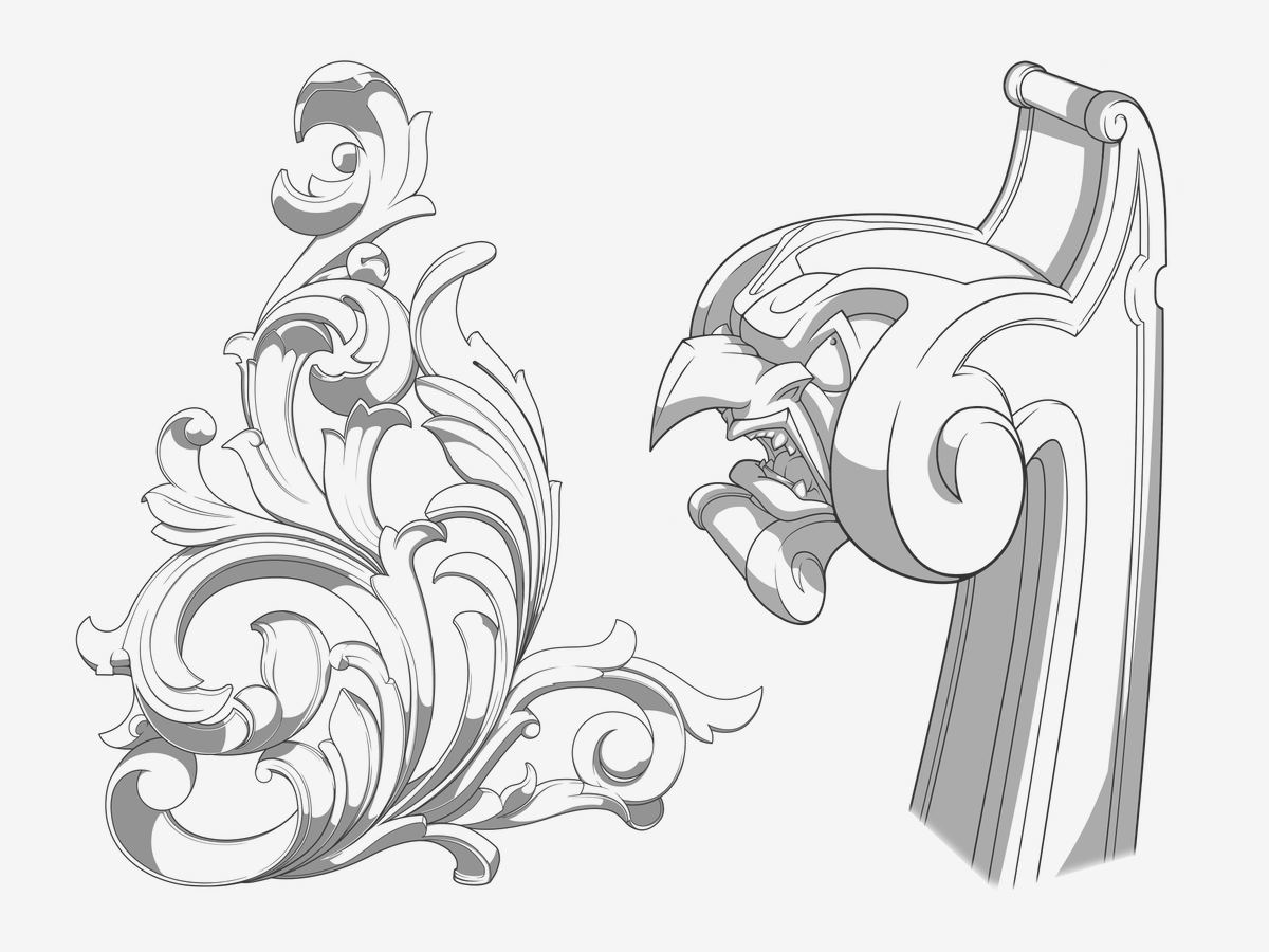 OSRSGhost's tweet image. My study of a baroque wood carving (left). A carved, valout, drawn from imagination (right).