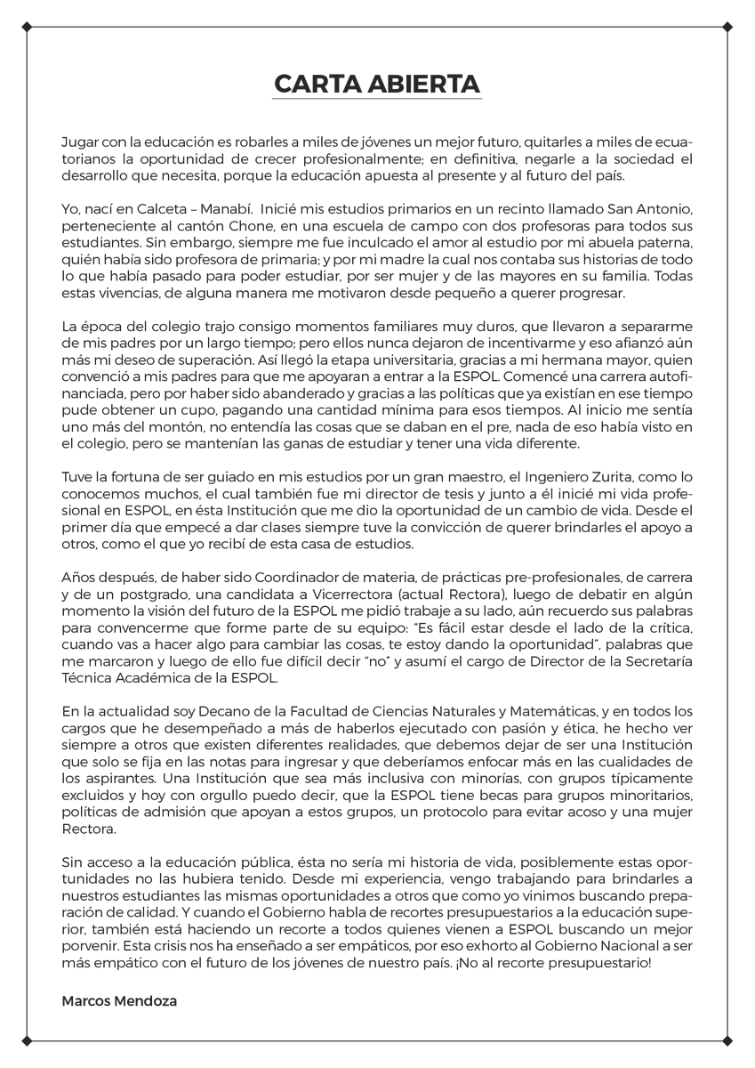 mmendozav's tweet photo. Educación Superior de calidad como la de @espol abre puertas al crecimiento personal y profesional, contribuye al desarrollo del país. No le neguemos esta oportunidad a nuestros jóvenes #NOaEducacionSINCalidad #NoAlRecorteUniversitario #QuelaUnopaguelaCRISIS @lenin @ottosonnenh https://t.co/KKjSxKU9XN