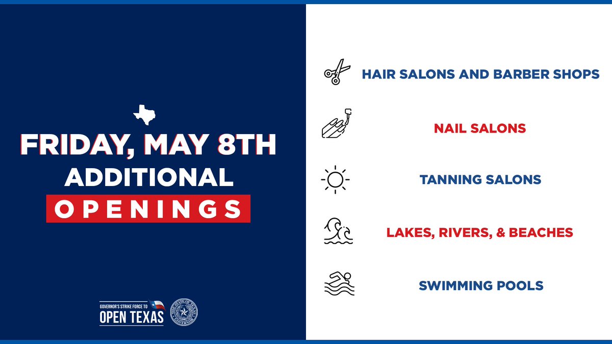 Additional openings for Texas businesses starting this Friday, May 8th with minimum health protocols from <a href="/TexasDSHS/">Texas DSHS</a>.
 
These include: 

✅ Hair salons and barber shops 
 
✅ Nail salons and nail shops
 
✅ Tanning salons 
 
✅ Swimming pools
 
#TexasBizStrong
