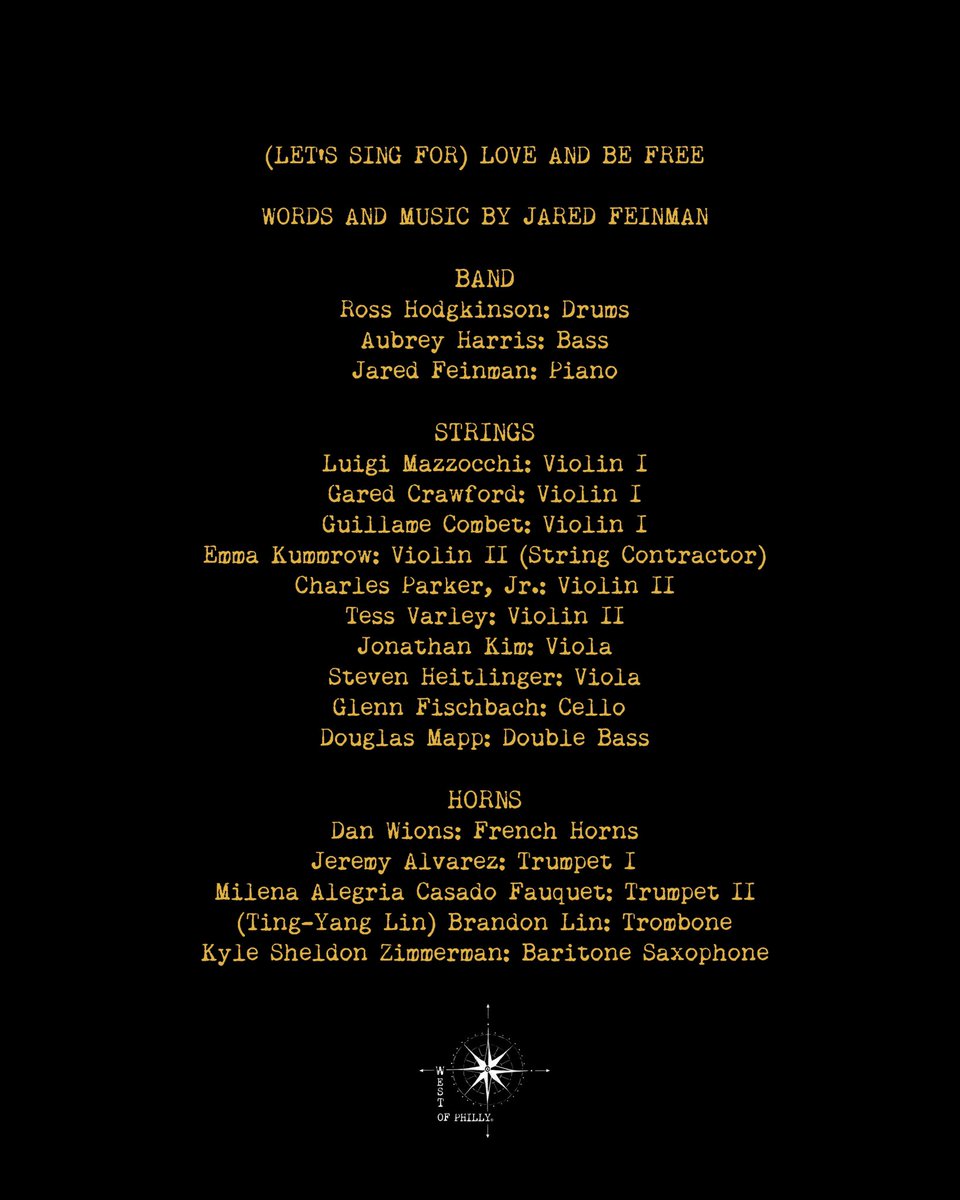 jaredfeinman's tweet photo. “(Let’s Sing For) Love and Be Free” was recorded over the span of two years with more than twenty-five musicians. This song's arrangement features a ten-piece string section, a horn section, and a gospel choir from Philadelphia. #loveandbefree https://t.co/zyE75sKUvi