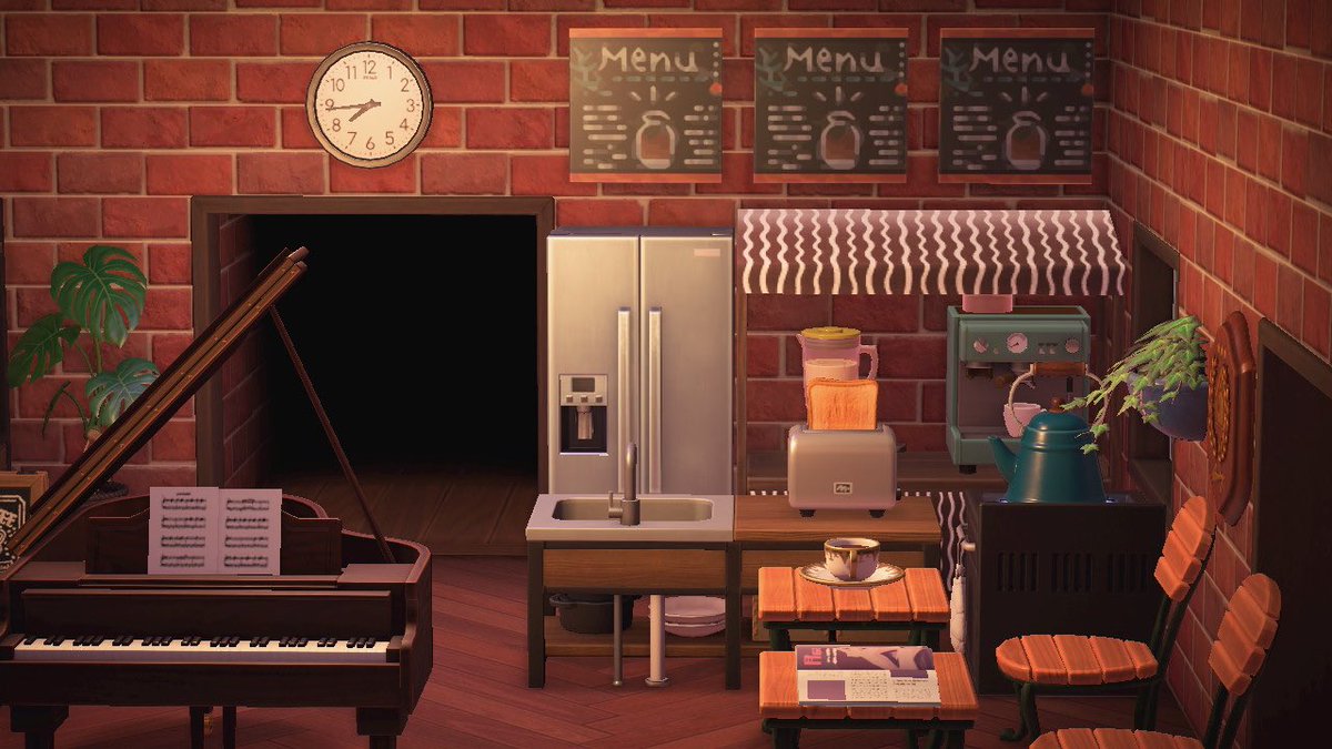 Mikan 𖧧 アンティーク カフェ Open 夜7時からピアノ生演奏してます 素敵なマイデザインお借りしました あつ森写真部 あつまれどうぶつの森 あつ森カフェ あつ森レイアウト Cafe グランドピアノ あつ森