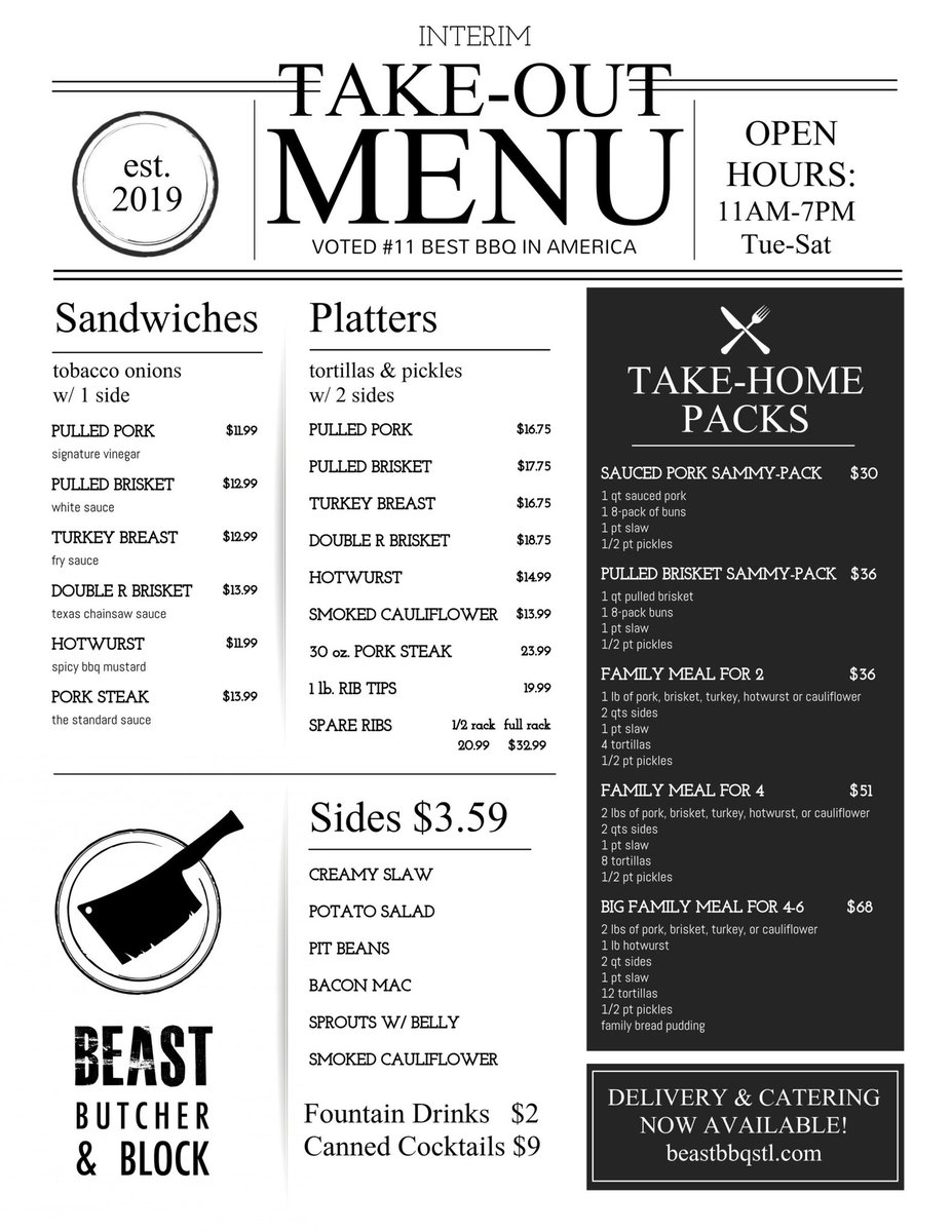 Our interim menu features a simple format of sandwiches and platters, along with some family packs. You'll notice some items from our normal menu are not available for the sake of keeping costs down and efficiency high. Order by calling 314-944-6003! #stlbbq #smoked #stlfoodie