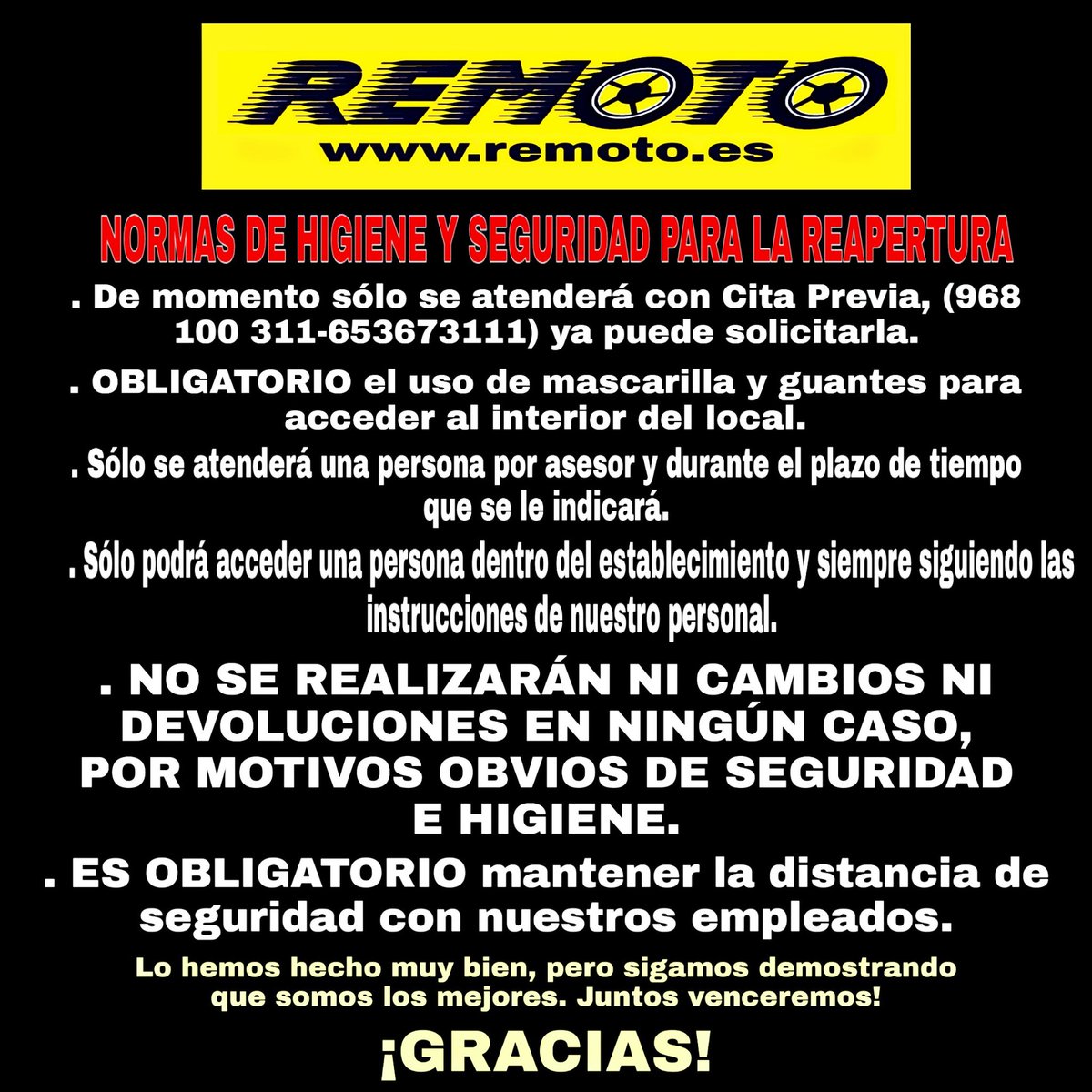 MurciaRemoto's tweet photo. GRACIAS A TODOS POR VUESTRA COLABORACIÓN Y RESPETO. #REMOTOMURCIA YA PUEDES PEDIR TÚ CITA. 968100311- 653673111 https://t.co/H8C9Oysazb