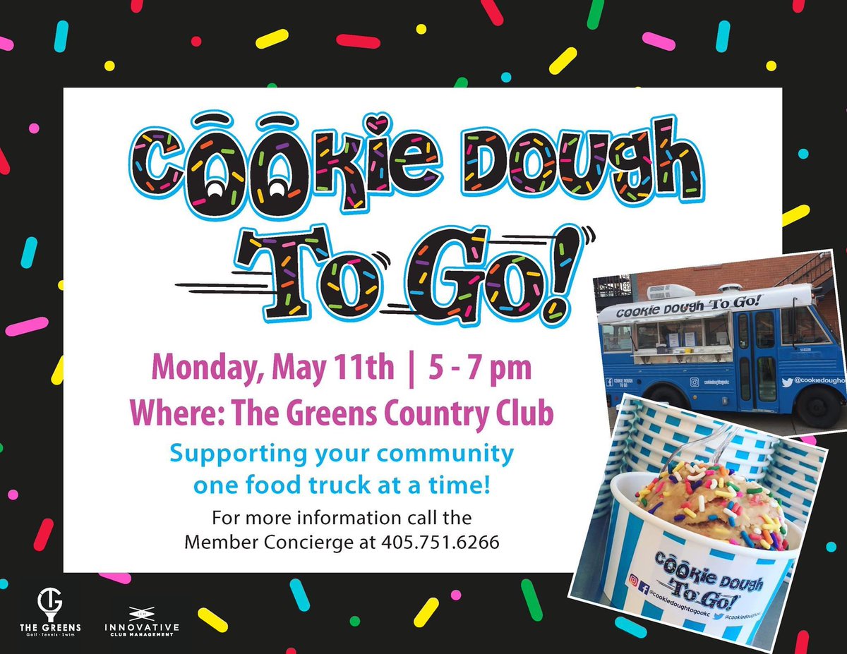 TheGreensCC's tweet photo. Support your community by enjoying delicious Cookie Dough To Go on Monday, May 11th from 5 – 7 pm. @cookiedoughokc https://t.co/WCnF8qqXe0