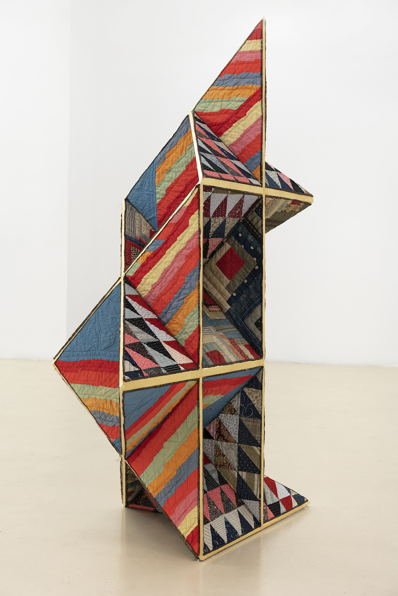 Mixed media works by multidisciplinary American artist and musician Sanford Biggers, 2010s, known for his eclectic combinations of material and iconography, often referencing black history, Afrofuturism, hip hop, Buddhism, and Americana