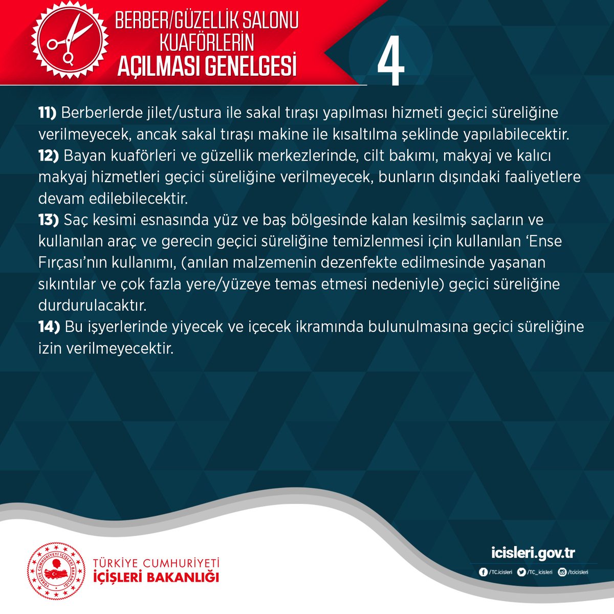 TC_icisleri's tweet photo. Bakanlığımız tarafından 81 İl Valiliğine, 11 Mayıs'ta açılması planlanan Berber/Güzellik Salonu ve Kuaförlerle ilgili genelge gönderildi ⬇️💇‍♀️💇‍♂️

https://t.co/P5UFUM7NZN https://t.co/zQ4izIl9Uu