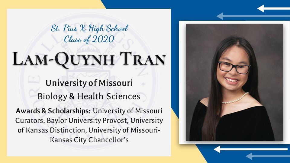 stpiusxhskc's tweet photo. Congratulations Lam-Quynh!
ππClass of 2020ππ
#spxkc #spxclassof2020 #foreverwarrior https://t.co/qGW8CL43Iz