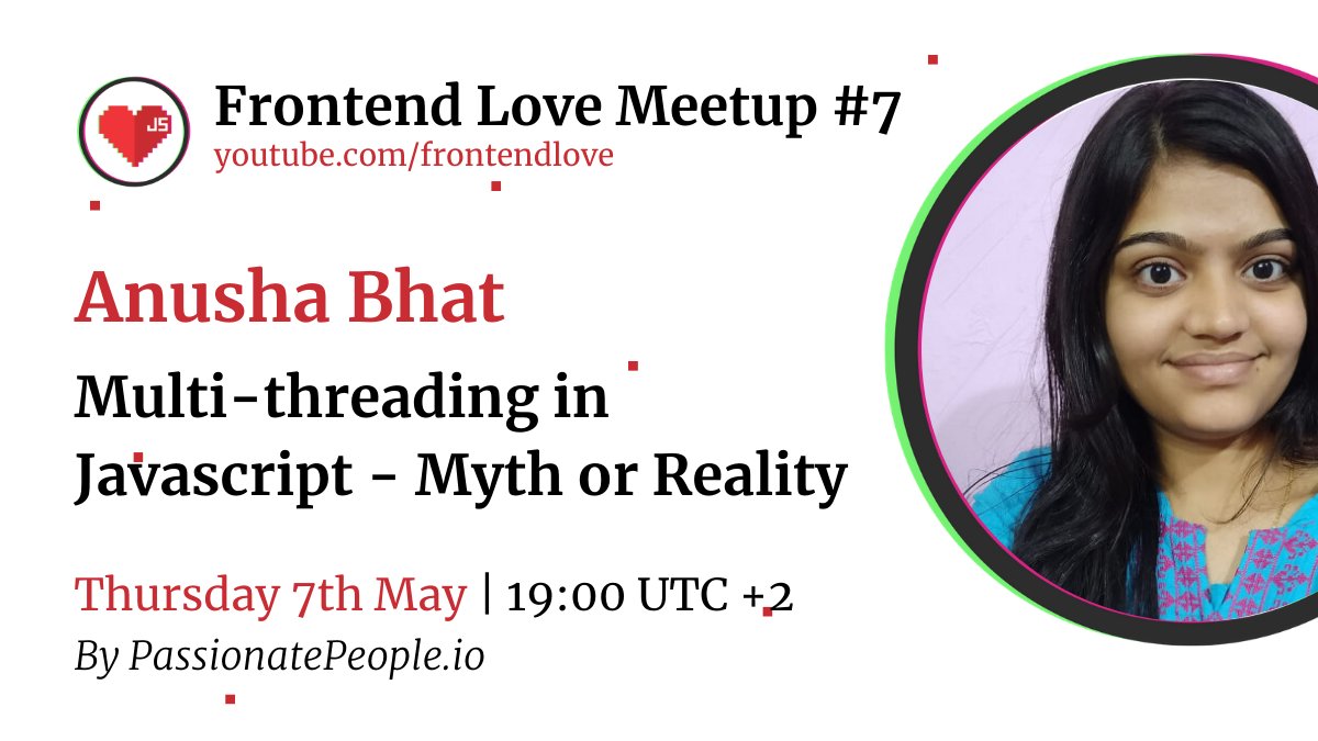 JSWORLD Conference (@jsworldconf) on Twitter photo Don't miss out on <a href="/alien_billi/">Anusha Bhat</a> with a talk on Multi-threading in #Javascript; myth or reality?
Anusha from <a href="/joshsoftware/">Josh Software</a> and will be focussing on how to use background threads in Javascript and do #multithreading
📅 Thursday 7th May
🕛 19:00 UTC +2
🔴 buff.ly/3b8DU75 Don't miss out on <a href="/alien_billi/">Anusha Bhat</a> with a talk on Multi-threading in #Javascript; myth or reality?
Anusha from <a href="/joshsoftware/">Josh Software</a> and will be focussing on how to use background threads in Javascript and do #multithreading
📅 Thursday 7th May
🕛 19:00 UTC +2
🔴 buff.ly/3b8DU75