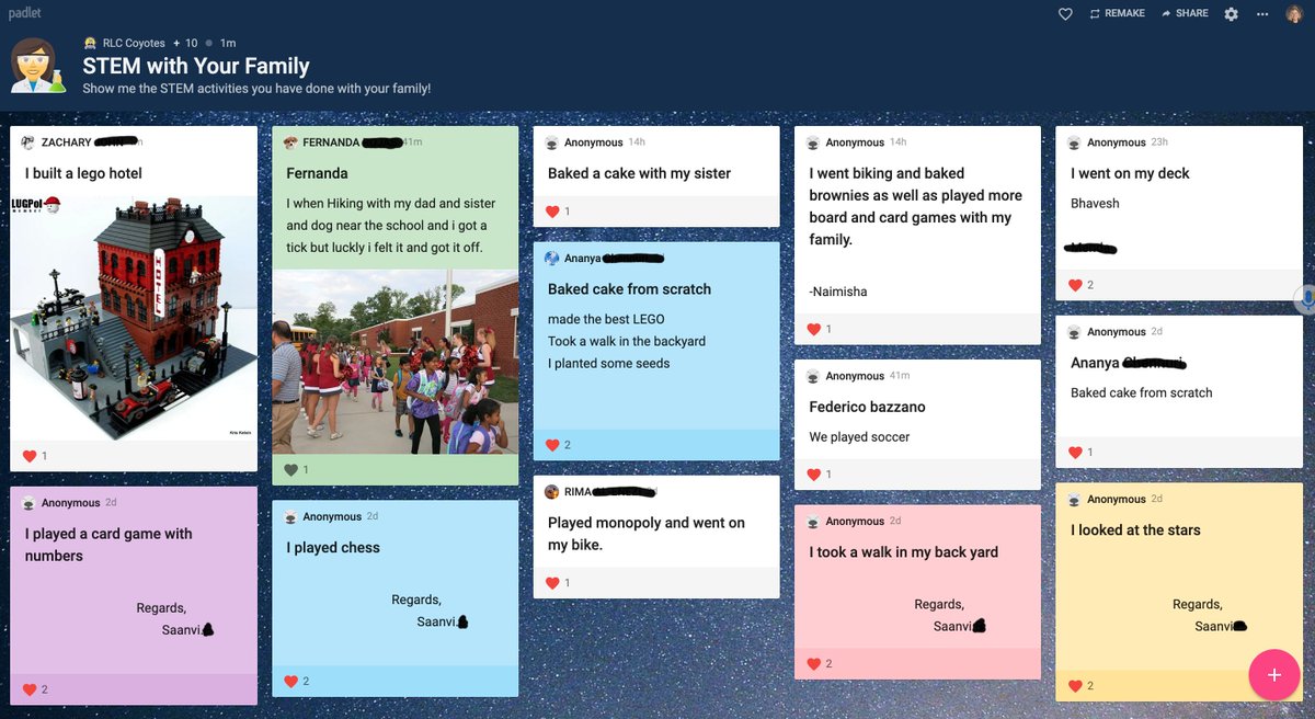I love that my Explorers and Creators are sharing in our <a href="/padlet/">Padlet</a> all the ways they're doing STEM projects at home with their families!  Keep strengthening those brains, Coyotes! <a href="/RLCPrincipal/">Diane Insari</a>