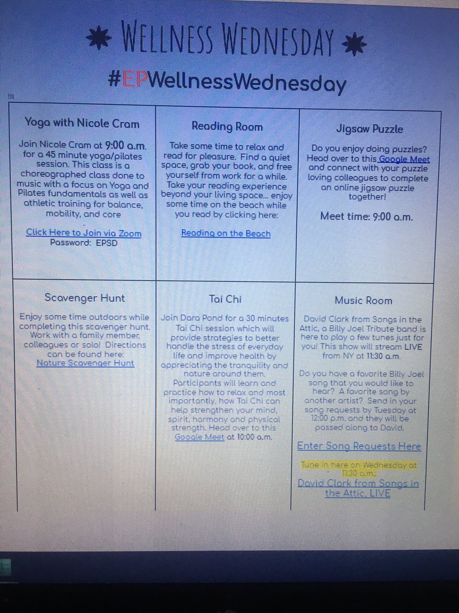 YanaizaGallant's tweet photo. Proud 2 work in a district that encourages #selfcare for their #educators Took a #Zumba class with @PenhaJulie and now onto @KathrynCrowle12 3 mile challenge!Awesome #epwellnesswednesday choice board for the day!
Something for everyone! #towniepride #TeacherAppreciationWeek2020 https://t.co/DSmERGYxRA