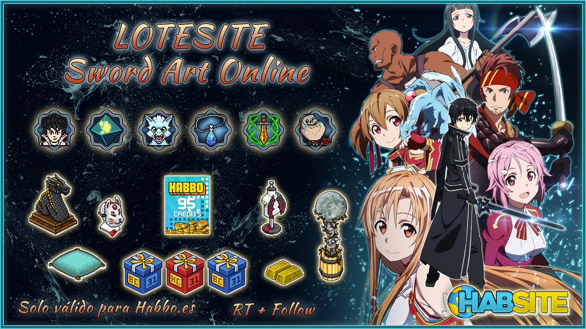 Lotesite de la #SemaniteSAO 1 solo ganador de todos los premios de la imagen, requisitos en ella. Solo válido para <a href="/ESHabbo/">Habbo ES/MX</a>, el limite para participar es el domingo 10 a las 22:59 HPE

¡Mucha suerte!

#Habbo #PlayApartTogether