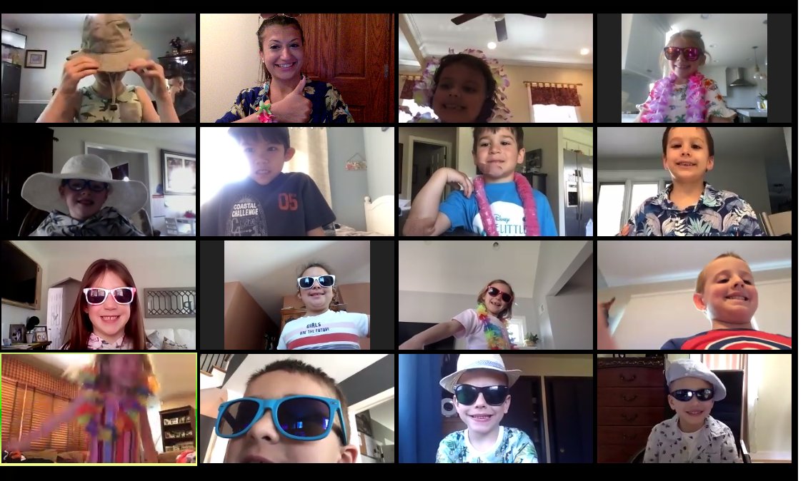 MissLollino's tweet photo. To kick off our 'Under The Sea' unit this week, we dressed up for a Hawaiian themed Zoom meeting this morning! So fun! Miss these kiddos so much!🐬🐠🐳💙#ELearningFun @SJS_Bulldogs https://t.co/CIAXOtZJVk