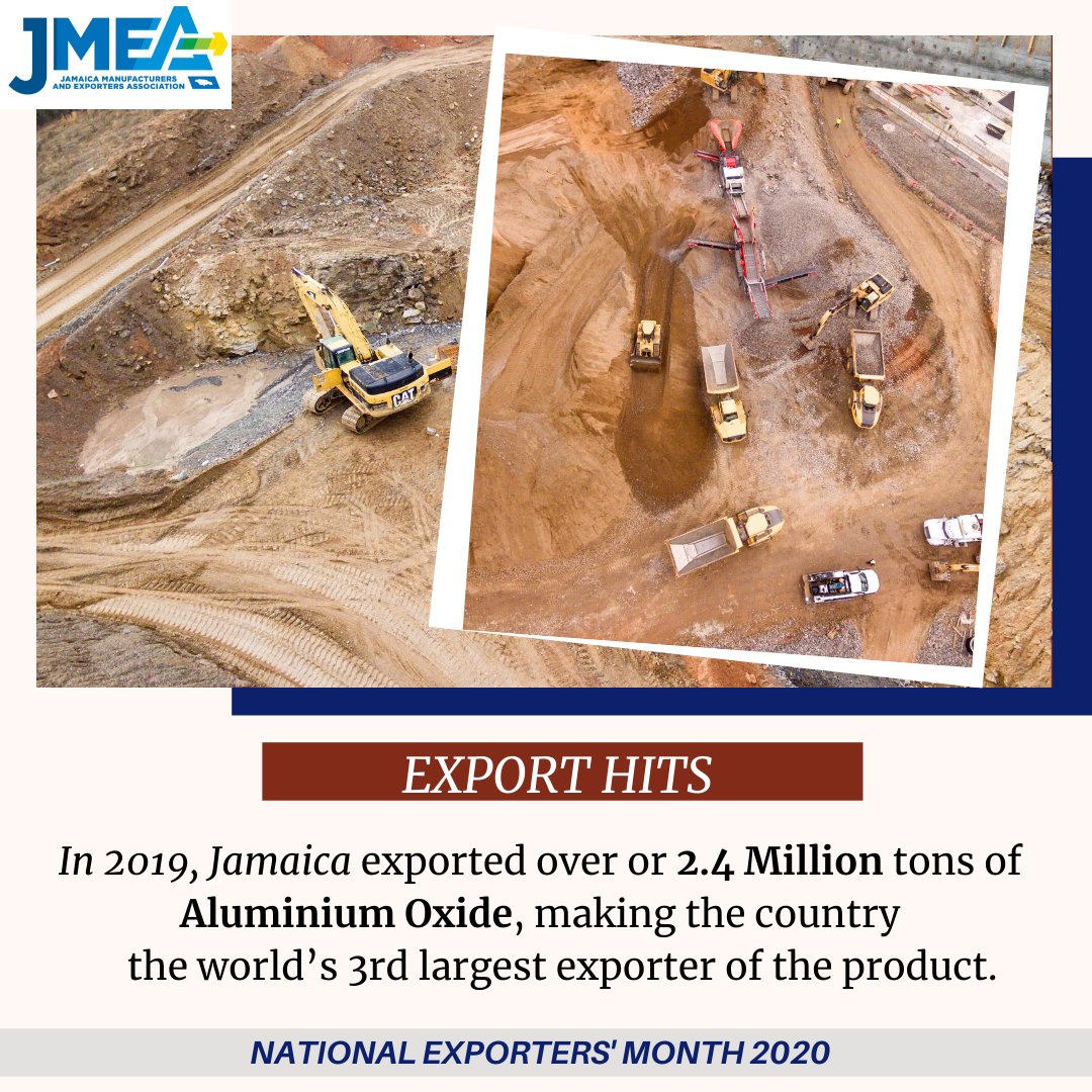 theJMEA_'s tweet photo. #ExportHits Did you know? In 2019, Jamaica exported over or 2.4 Million tons of Aluminium Oxide, making the country the world’s 3rd largest exporter of the product, next to Australia and Brazil.
#NationalExportersMonth2020
#ProduceLocalExportGlobal
#JMEAAtWork https://t.co/8ZPwc40zS4