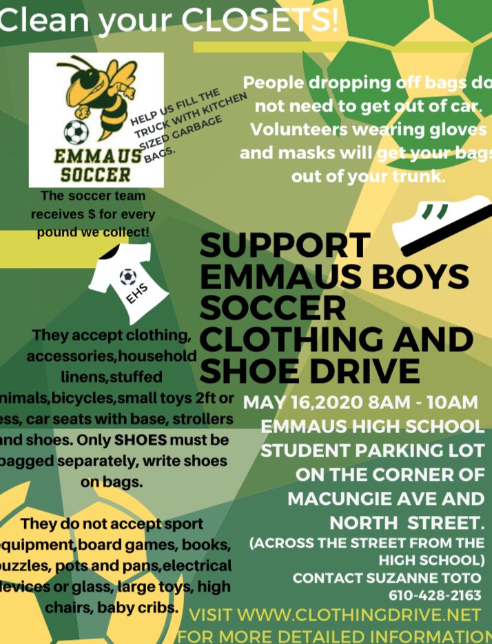 If you’ve been cleaning and organizing during your time home, think about donating some of what you cleaned out to help Emmaus Soccer!