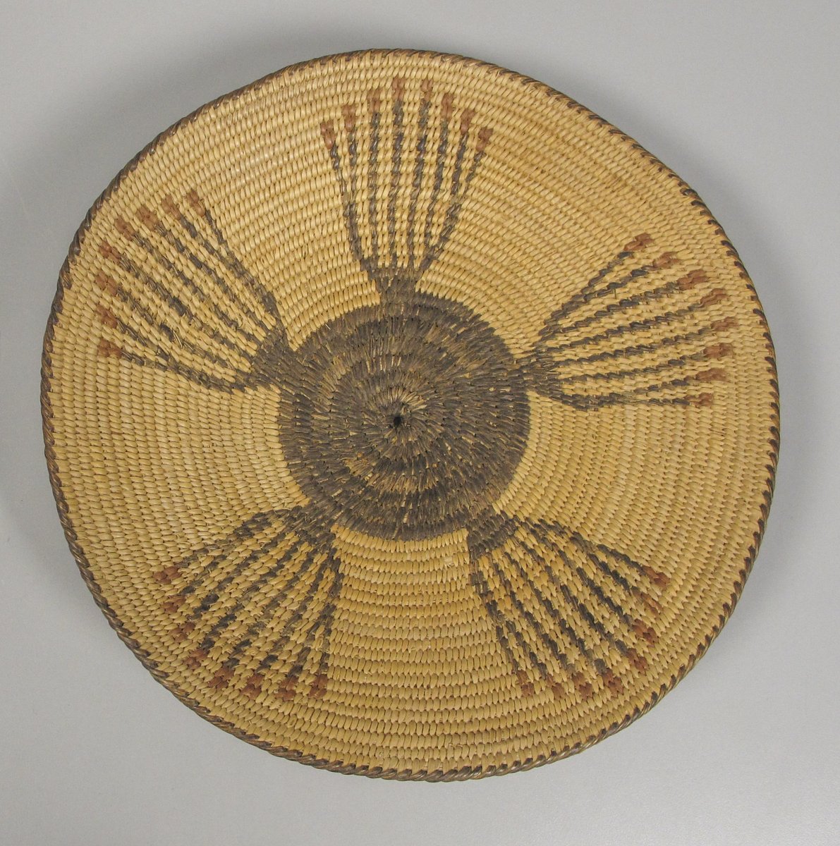 AZStateMuseum's tweet photo. The #sonorandesert is in bloom!
Coiled tray with blooming ocotillos
Attributed to Katherine Nish, Akimel O'odham, c. 1920
Gila River Indian Community, AZ
Cattail, willow, devil's claw
Frank Pinkley Collection, gift of Nancy Pinkley Whiting, 1940
19x3.3cm
(E-306)
#nativebasketry https://t.co/nWu2fbj7wF