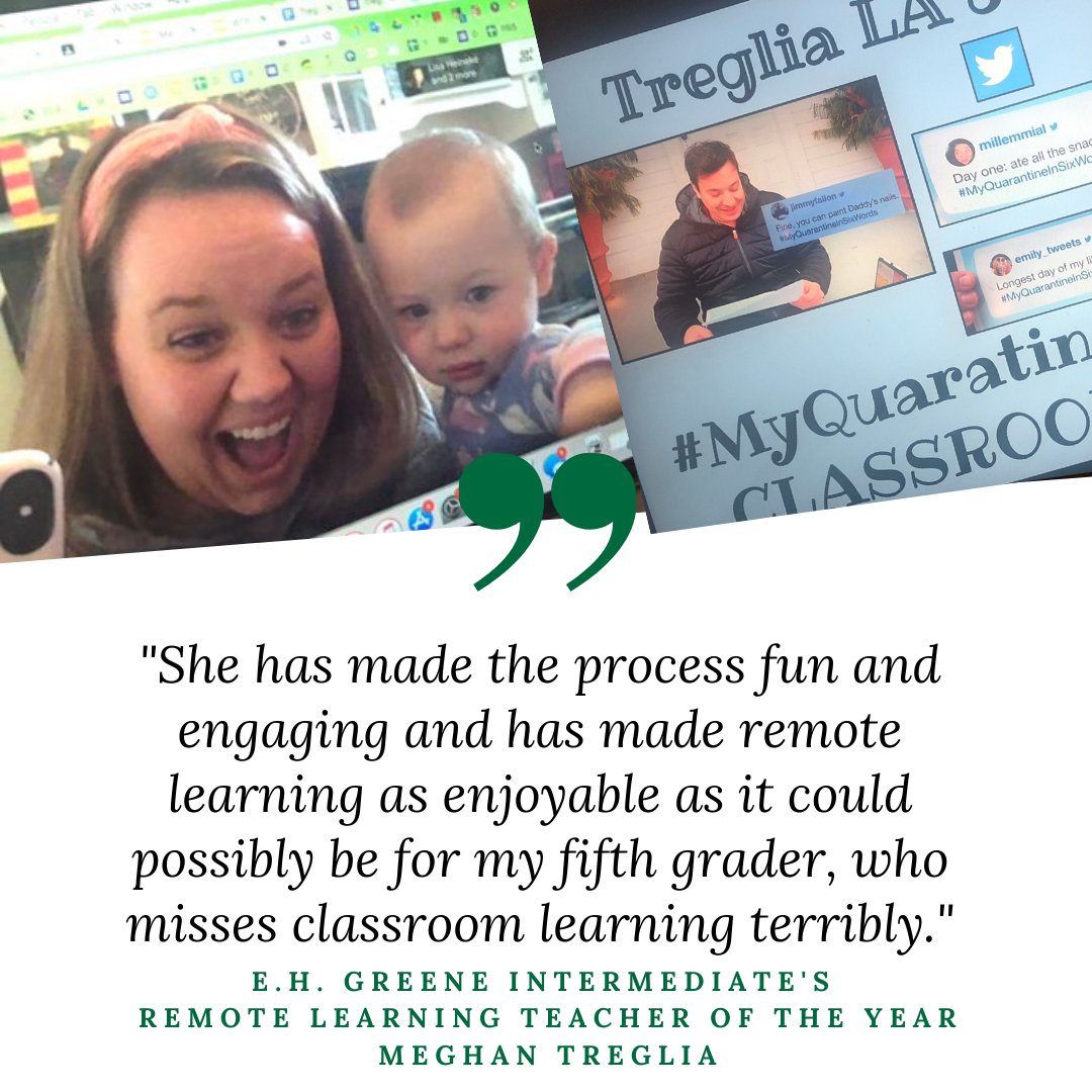 We are so proud to announce Meghan Treglia <a href="/mrsmegtreg/">Meghan</a> as @EHGreeneSchool's Remote Learning Teacher of the Year! One nominator wrote, "Mrs. Treglia has gone above and beyond to give kids opportunities to meet virtually, and providing them with emotional support during this time."