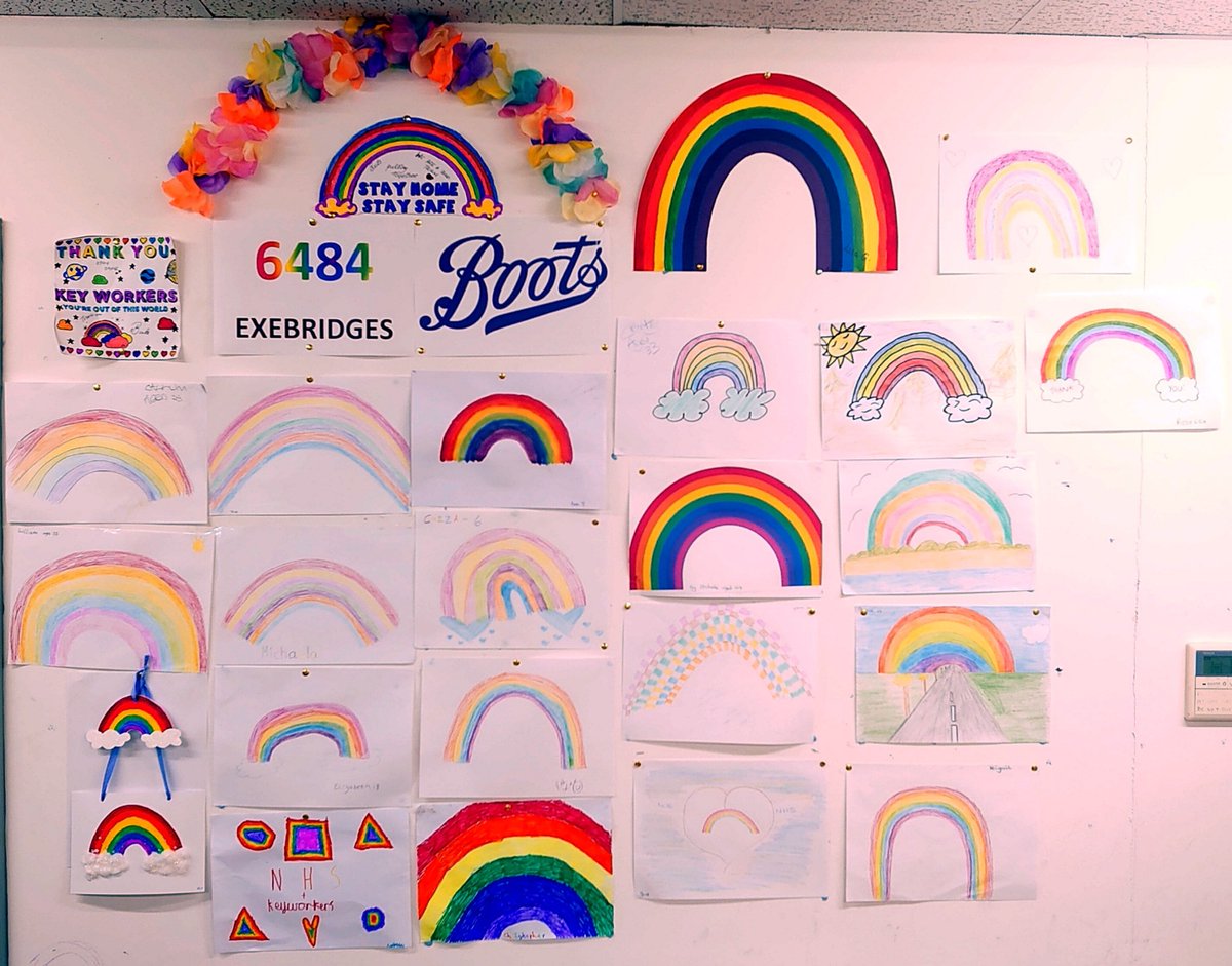 BootsUKNews's tweet photo. The fantastic team at our @BootsUK store in #Exebridge have been brightening up their work space and showing their support for the @NHSuk with these colourful rainbows 🌈 A huge thank you to all the key workers who are doing their best to support their local communities 🙌 🌈🙌 https://t.co/q4SQebEXGa