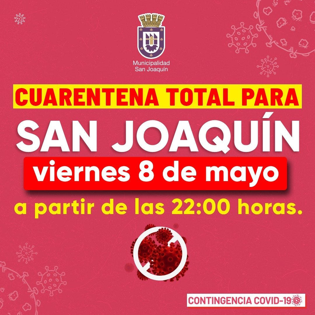 munisanjoaquin's tweet photo. Atención!!
Desde este viernes 8 de mayo, a las 22:00, nuestra comuna ingresa a Cuarentena Total!! ⚠️⚠️
Recuerda que si vas a obtener un permiso o salvoconducto, debes hacerlo en caso estrictamente necesario!!
#QuedateEnCasa #YoTeCuidoYTuMeCuidas #JuntosFrenamosLaCurva #SanJoaquín https://t.co/mQiE4Q7fNj