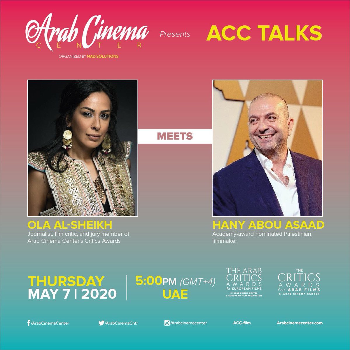 ArabCinemaCntr's tweet photo. Less than 24 Hrs away!
Our 1st episode of #ACCTalks is tomorrow; @ola_k_alshekh Meets the one & only @HanyAbuAssad LIVE ๐ Instagram!
Join us at 5 PM UAE Time!
That's 1:00 pm GMT & Morocco Time/ 2 PM Tunisia Time/ 3 PM Egypt Time/ 4 PM Palestine, Lebanon, Kuwait & KSA Time. https://t.co/Zzh9cx1RQB