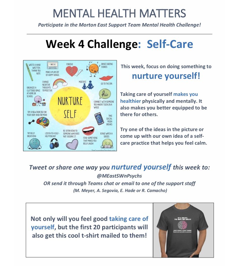 MEastSWnPsychs's tweet photo. Last weeks challenge was to do something kind for someone else- this week it’s all about YOU! How are you taking care of yourself this week? #mortonpride #orgullomorton https://t.co/3XsfHv3ocG