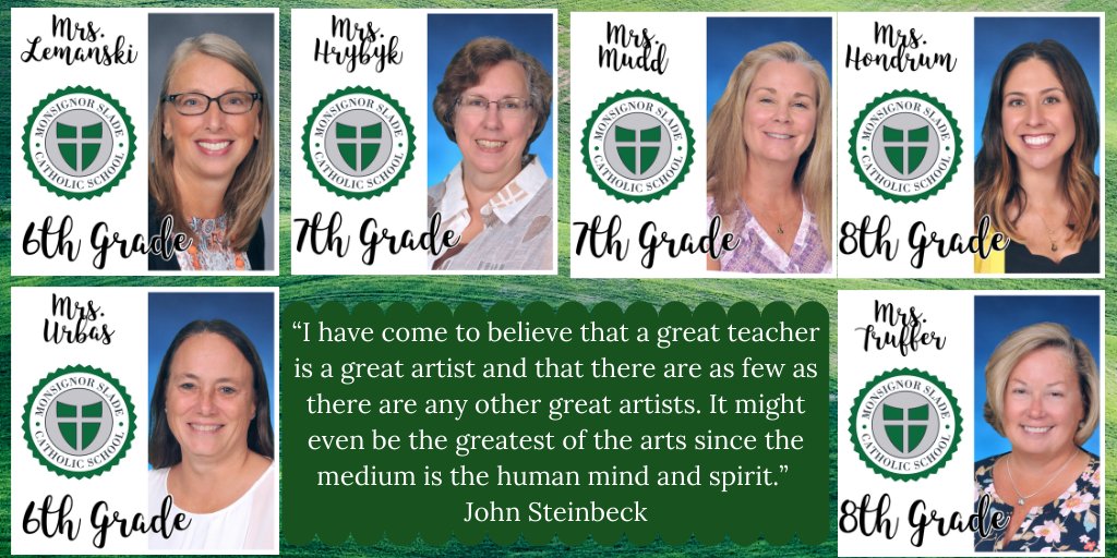 MsgrSladeSchool's tweet photo. Our marvelous 6th-8th teachers build upon masterpieces by encouraging development of faith, leadership & self-knowledge! They ensure #MsgrSlade students are high school-ready. @archbaltschools #thankateacher #sladeteachers #msgrslademoment #teacherappreciationweek #riseabove https://t.co/OGprDT3zoM
