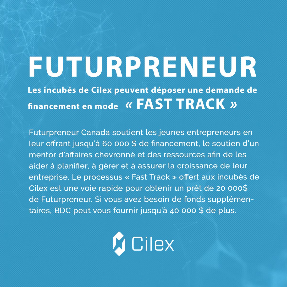 Avis à nos incubés! Si vous avez entre 18 et 39 ans, vous pouvez déposer une demande de financement auprès de Futurpreneur en mode «fast track».

Pour plus d'informations:
futurpreneur.ca/fr/get-started/