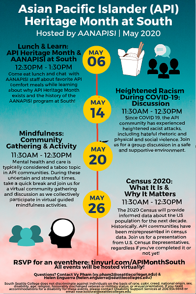 SouthSeattleCC's tweet photo. Celebrate #APIMonth virtually! Don't miss 'Lunch &amp; Learn: #APIHeritageMonth &amp; AANAPISI at South' from 12:30-1:30pm. RSVP HERE: https://t.co/L8UxNlMuLU

Come eat lunch and chat with AANAPISI staff about favorite API comfort meals while learning about why API Hertiage Month exists! https://t.co/Z0yK7kOGMS