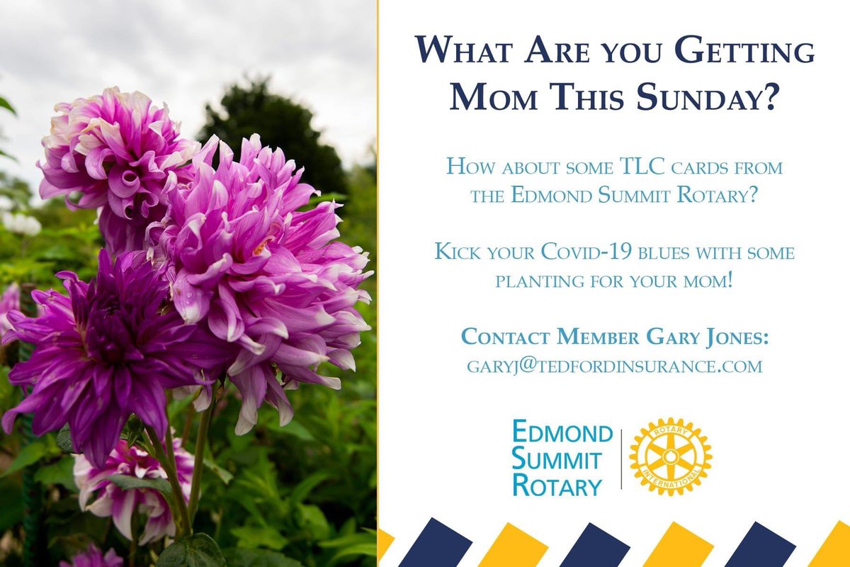 RotaryEdmond's tweet photo. Want to give and get back on this giving Tuesday? With every $20 card purchase our club gets $4 back from TLC. Mom wins, you win and we win!

Because when Mamma is happy the Edmond Summit Rotary is happy. @TLCGarden1 #ShopLocal #EdmondSummitRotary #MothersDay #Oklahoma https://t.co/vEUp70q0za