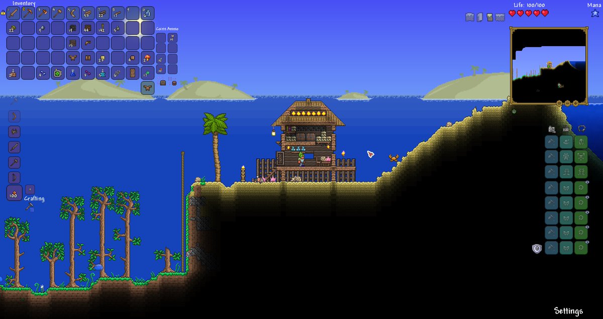 Dario Onenightterraria 海の家 釣り小僧はまだ寝てる スモールワールドだと海が近くて良き 2デス じっくり建築できたから満足 空島やキノコバイオームに家作れたら気分的には優勝できそうやね