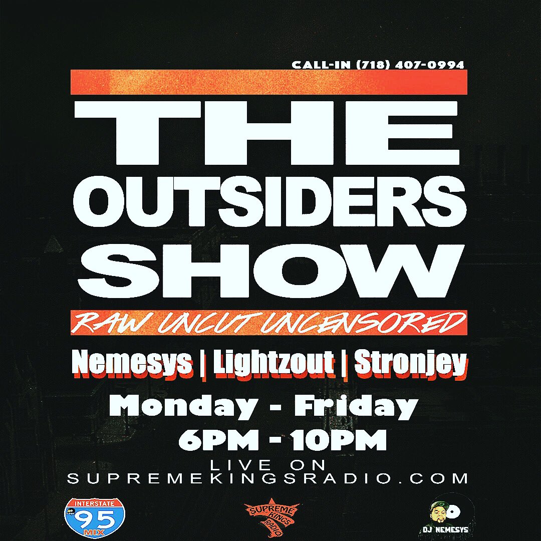 SKRRADIO's tweet photo. TONIGHT AT 6PM est.‼️‼️
The Saga Continues #theoutsidersshow @theoutsidersshow
live on Supreme Kings Radio @supremekingsradio 
from 6pm to 10pm
Hosted By: Nemesys @iamnemesys Lightzout @georgecostanzaish &amp; Stronjey @stronjey 
Live I95 Mix By @iamnemesys 

Tune In and Turn Up. https://t.co/Vs3RiK9eK0