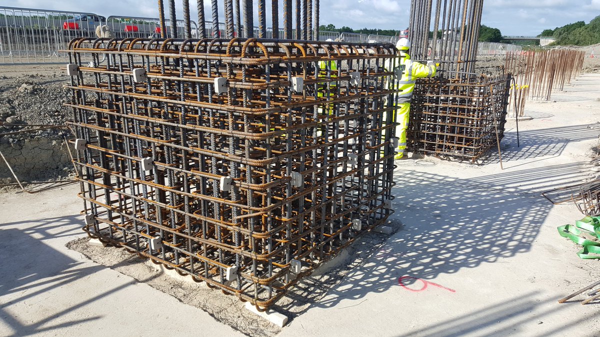 The rebar is fixed and then the concrete goes in! We were pouring two of these day with a little production line going, one team fixing, the next shuttering, then pouring, striking & moving the shutters to the next cap 10/