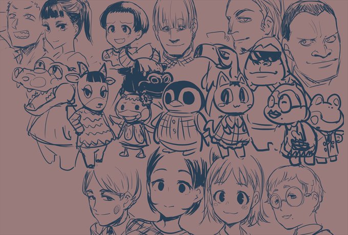 うろ覚えでうちの村のメンツ描いたら思ったより似なかったから見て描きなおしたけどやっぱり似なかったから途中でやめて印象で擬人化して遊んでたら思いの外楽しかったので他の面々も描き始めたの図 