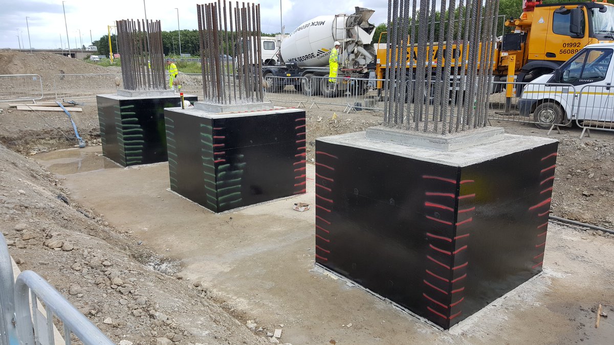 Then the pilecaps are painted with bitumen waterproofing paint; this prevents water ingress and corrosion by chemicals found in the soil. The caps are backfilled with structural fill in specified layers to avoid settlement, hence the coloured lines to ensure this is followed! 12/