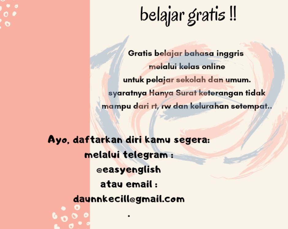 Ayang_Utriza's tweet photo. Salam. Ada seorang Ibu (S-2 Bahasa Inggris) di Jogjakarta yang mau menginfakkan waktunya memberikan pelajaran gratis daring bahasa Inggris kepada siapa saja yang tertarik, tapi khusus bagi masyarakat duafa/tidak mampu.

Siapa lagi yang mau berderma apa saja untuk orang lain?😊🙏 https://t.co/nf7rPqBqxh