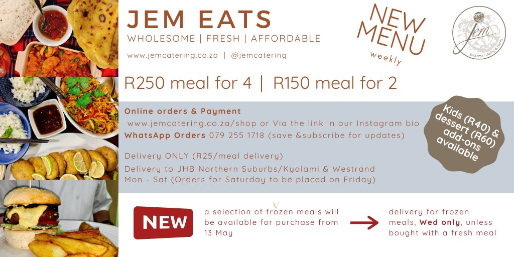 New menu for 11 - 16 May &amp; Mother's Day Special available jemcatering.co.za/shop