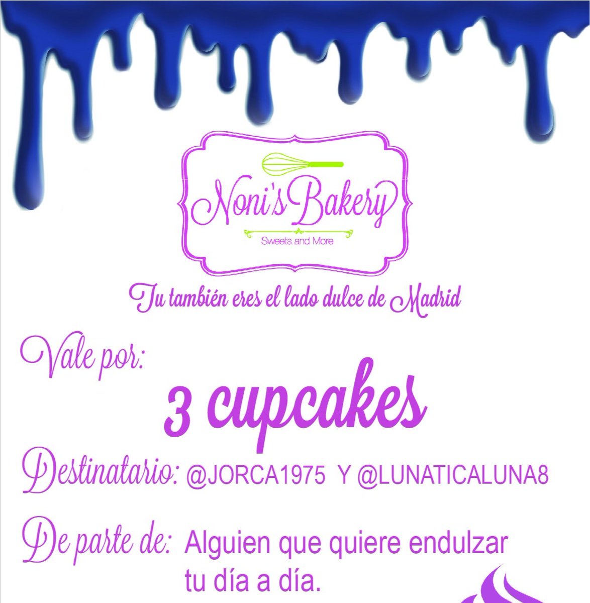 jorca1975's tweet photo. Q en estos tiempos q corren(donde algunas personas lo único q intentan es amargarte los días)recibas un vale de @nonisbakery diciéndote q alguien te quiere endulzar tu día a día, te hace q hasta se te salte alguna lagrimilla q otra.
Mil gracias a esa persona anónima de todo ❤️ https://t.co/bdLlTisrzM