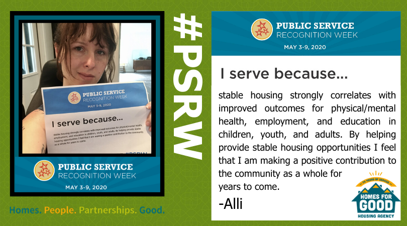 Homes4GoodHA's tweet photo. This week is #PSRWeek! 

"I serve because stable housing strongly correlates with improved outcomes for physical/mental health, employment, and education in... I feel that I am making a positive contribution to the community as a whole for years to come."
-Alli

#PSRW https://t.co/CAilPAoYox