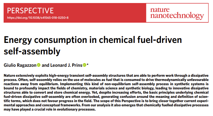 NatureNano's tweet photo. A tutorial Perspective designed to acquaint the experimental chemists with the conceptual framework of dissipative self-assembly (@giuliosflask, Leonard Prins, 2018). With a useful list of terms to avoid confusion in the literature. @syschem20 https://t.co/wkR6NuRWXd https://t.co/c7XB16u3bv