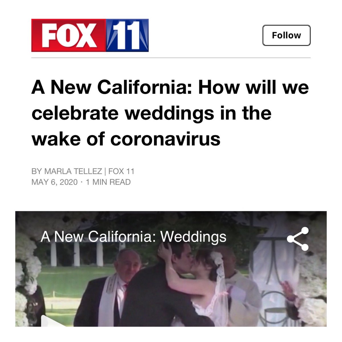 Fascinate Media client <a href="/LoveIncMag/">Love Inc.</a>’s <a href="/BrittnyDrye/">Brittny</a> was on <a href="/FOXLA/">FOX 11 Los Angeles</a> yesterday with <a href="/MarlaTellez/">MarlaTellez</a> talking about #weddings in the age of #covid19. Thanks Marla! #foxla #placement #publicist #onepitchthreesegments