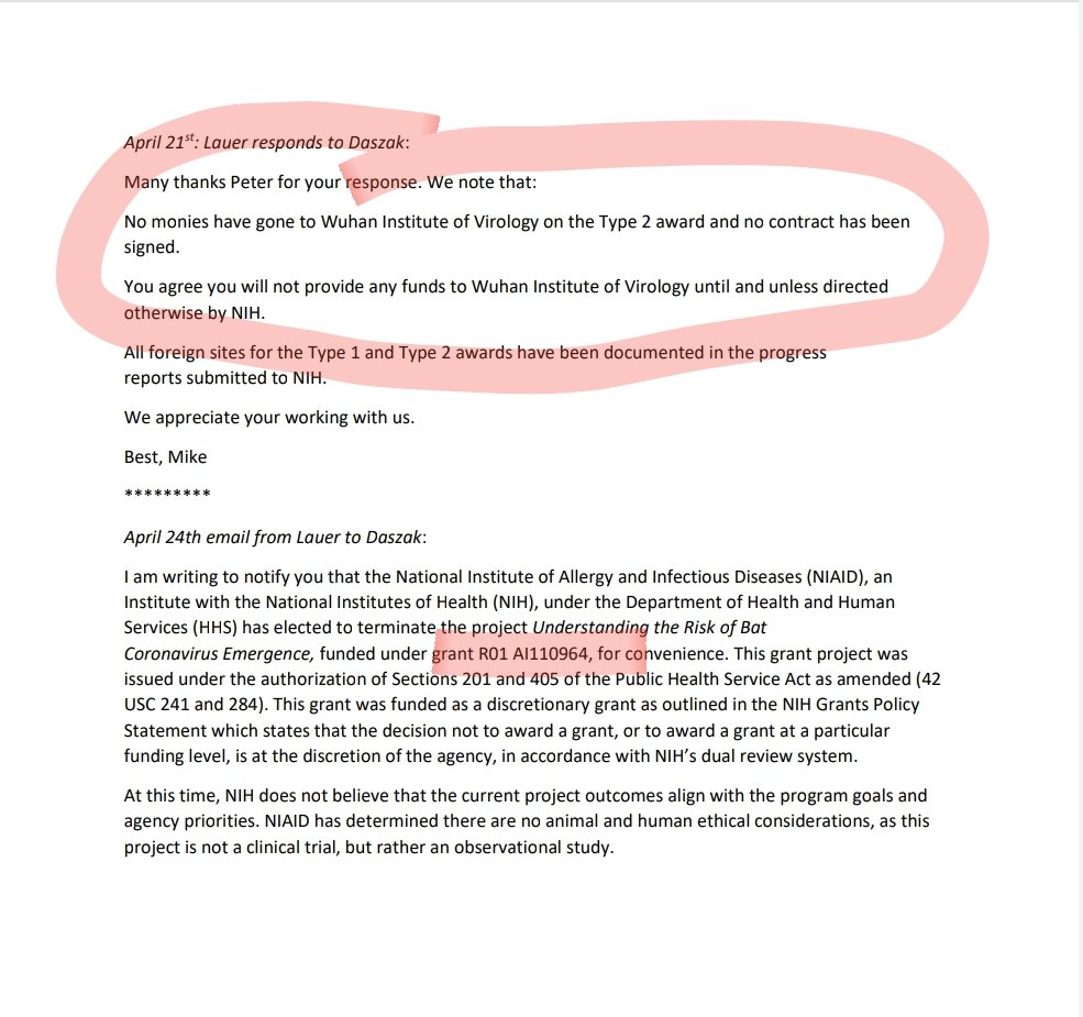  #NIH write to  #EcoHealth for confirmation none of the Grant Funds for Project R01 AI110964 have gone to  #Wuhan .  #Daszak categorically states "that no funds from R01 AI110964 have been sent to  #WuhanInstituteVirology. April 24 the Project is annulled by  #NIH .