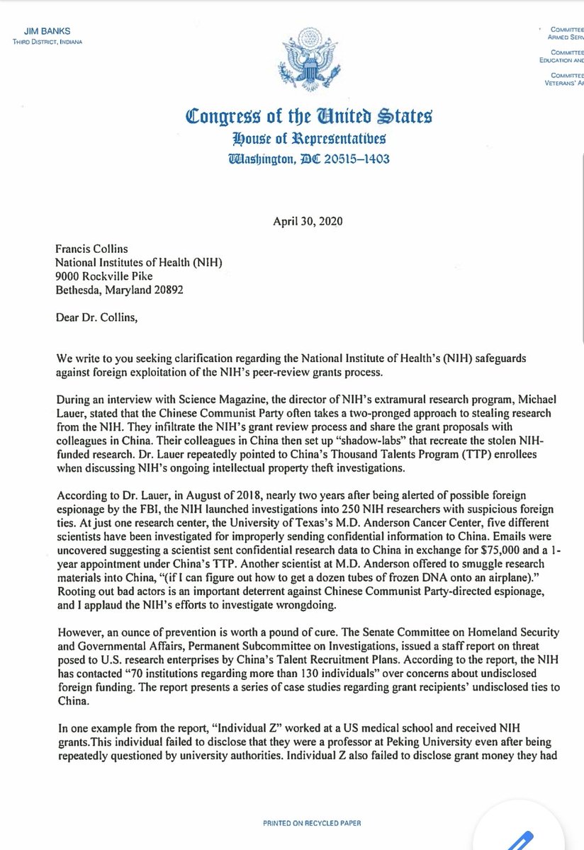 30 April  #JimBanks  #MemberOfCongress writes to the  #NIH requesting answers to how they adminster grant applications, and what protocols they have in place for violations. There is 'NO' specific reference to  #EcoHealth  #Daszak or their Project 110964. A response by 3 August? 