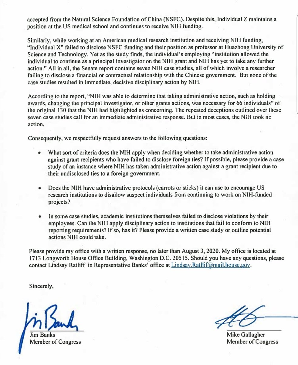 30 April  #JimBanks  #MemberOfCongress writes to the  #NIH requesting answers to how they adminster grant applications, and what protocols they have in place for violations. There is 'NO' specific reference to  #EcoHealth  #Daszak or their Project 110964. A response by 3 August? 