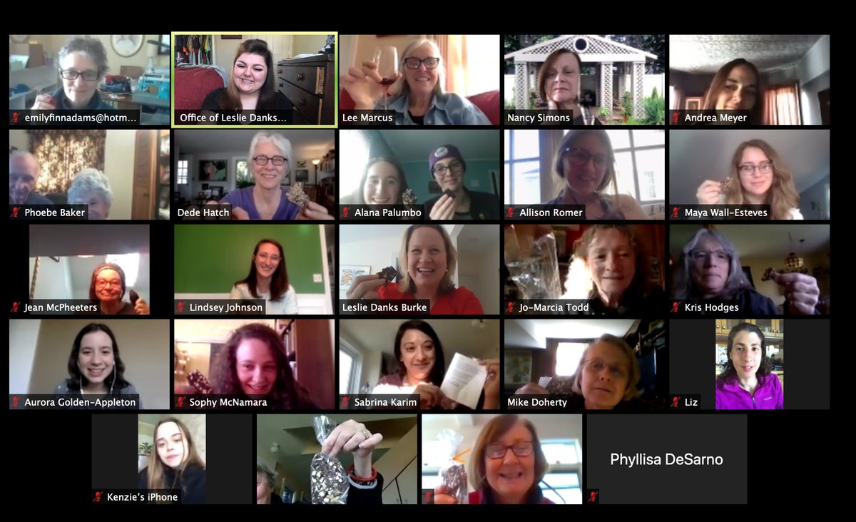 LDanksBurke's tweet photo. Our campaign volunteers who put in regular hours each week to bring the 58th #ToTheTable are amazing. We got together for a virtual happy hour yesterday! I appreciate every one of you. Shout out to @treatscorning for helping us mail sweets so we could "break chocolate" together! https://t.co/qPPUi7IjfU